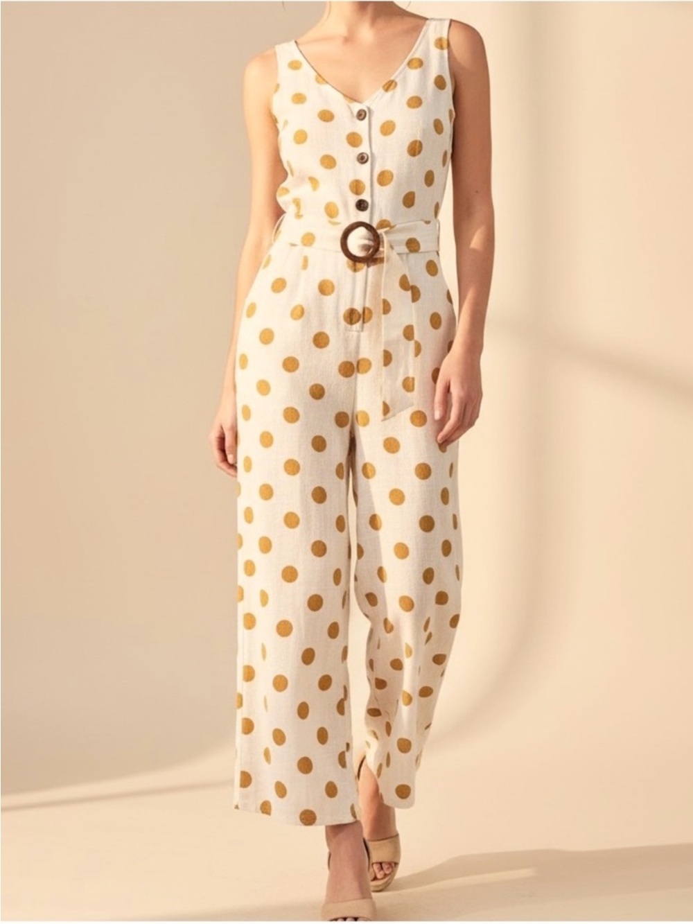 Monteau LA Linen Blend Sleeveless White Cropped Jumpsuit with Mustard Polka
Dot